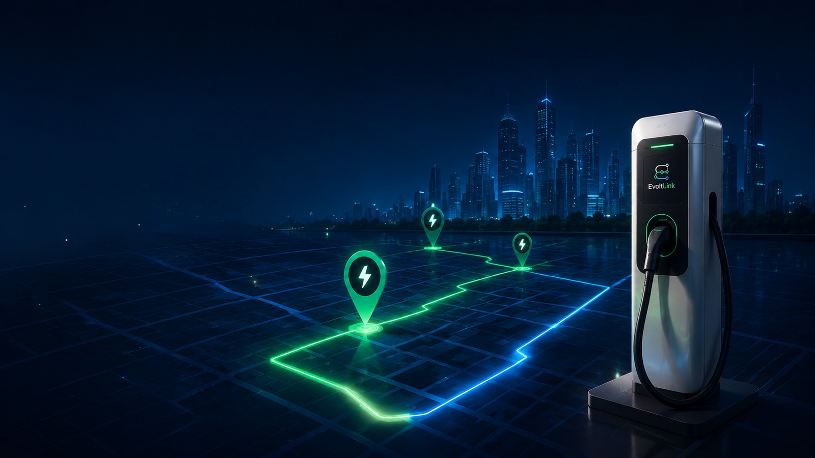 Mapa tecnológico de movilidad eléctrica con cargador premium y puntos de carga conectados